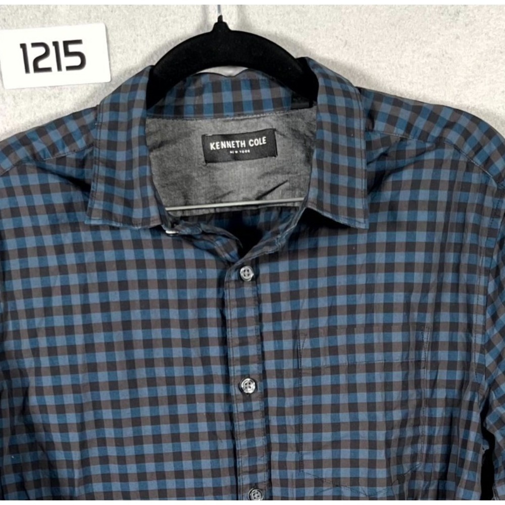 Kenneth Cole Shirt Mens Small Blue Black Check Long Sleeve Casual Button Up